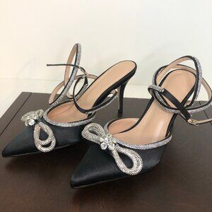 Hayixia Black Satin Rhinestone Bow Pointed Toe Ankle Strap Kitten Heels Sz. 7.5